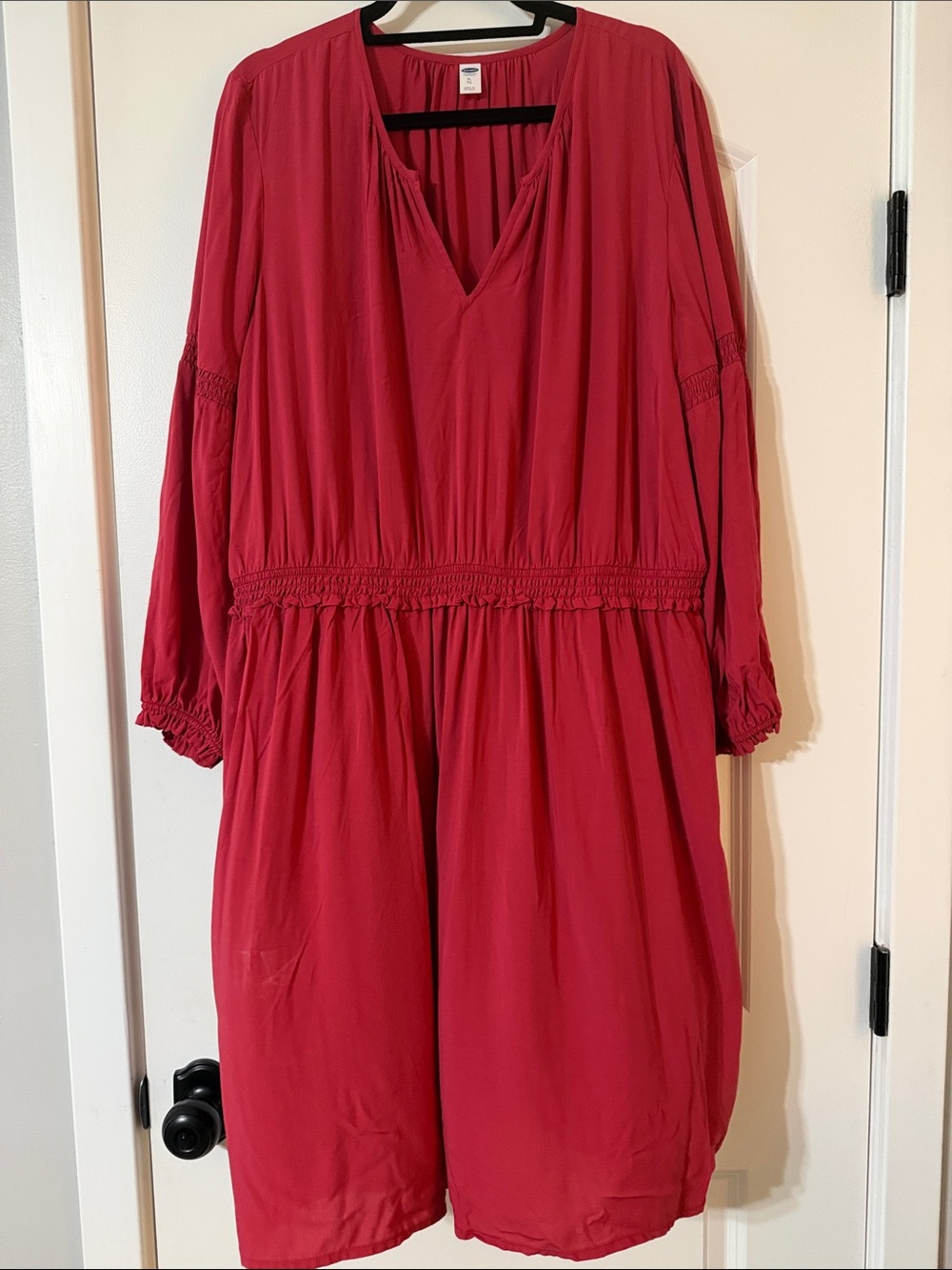 Old Navy Red V-Neck Long Sleeve Smocked-Waist Dress